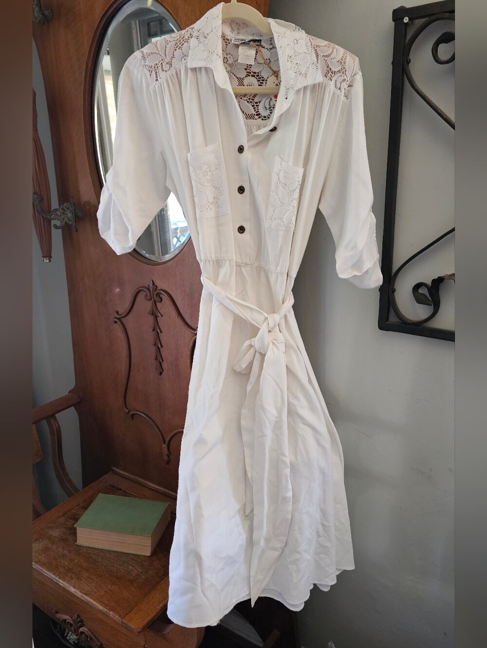 Vintage Sunshine Starshine White Cotton Lace Prairie Midi Dress Belted